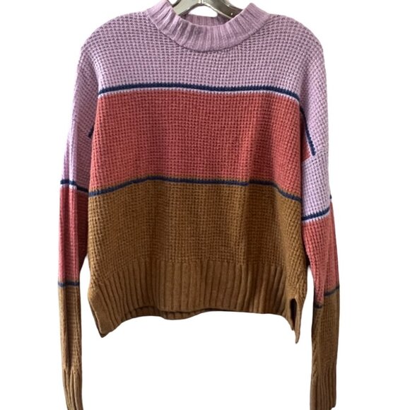 SO Women's Multi Wide Stripe Waffle Knit Pullover Crew Neck Sweater Size L - Picture 3 of 11